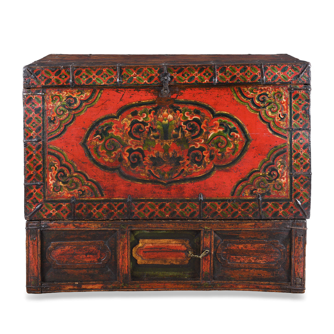 Decorative Eighteenth Century Central Tibetan Monastic Chest With Three Jewels Motif And Original Stand | Indigo Antiques