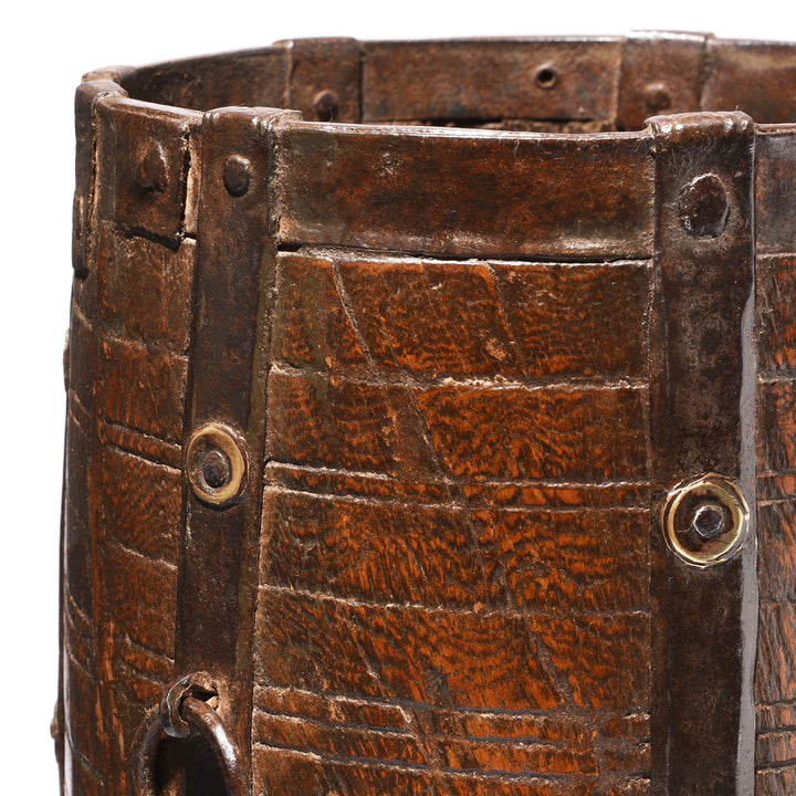 Teak wood Detail from aAntique Indian Teak, Brass & Iron Grain Measure From Rajasthan | Indigo Antiques