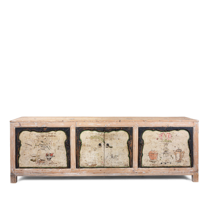 Antique Chinese Sideboard With Hand-Painted Floral And Figurative Panels In A Distressed Natural Wood Frame