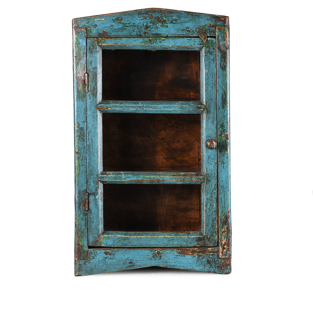 Blue Painted Teak Glazed Wall Cabinet Circa 1930 With Distressed Patina