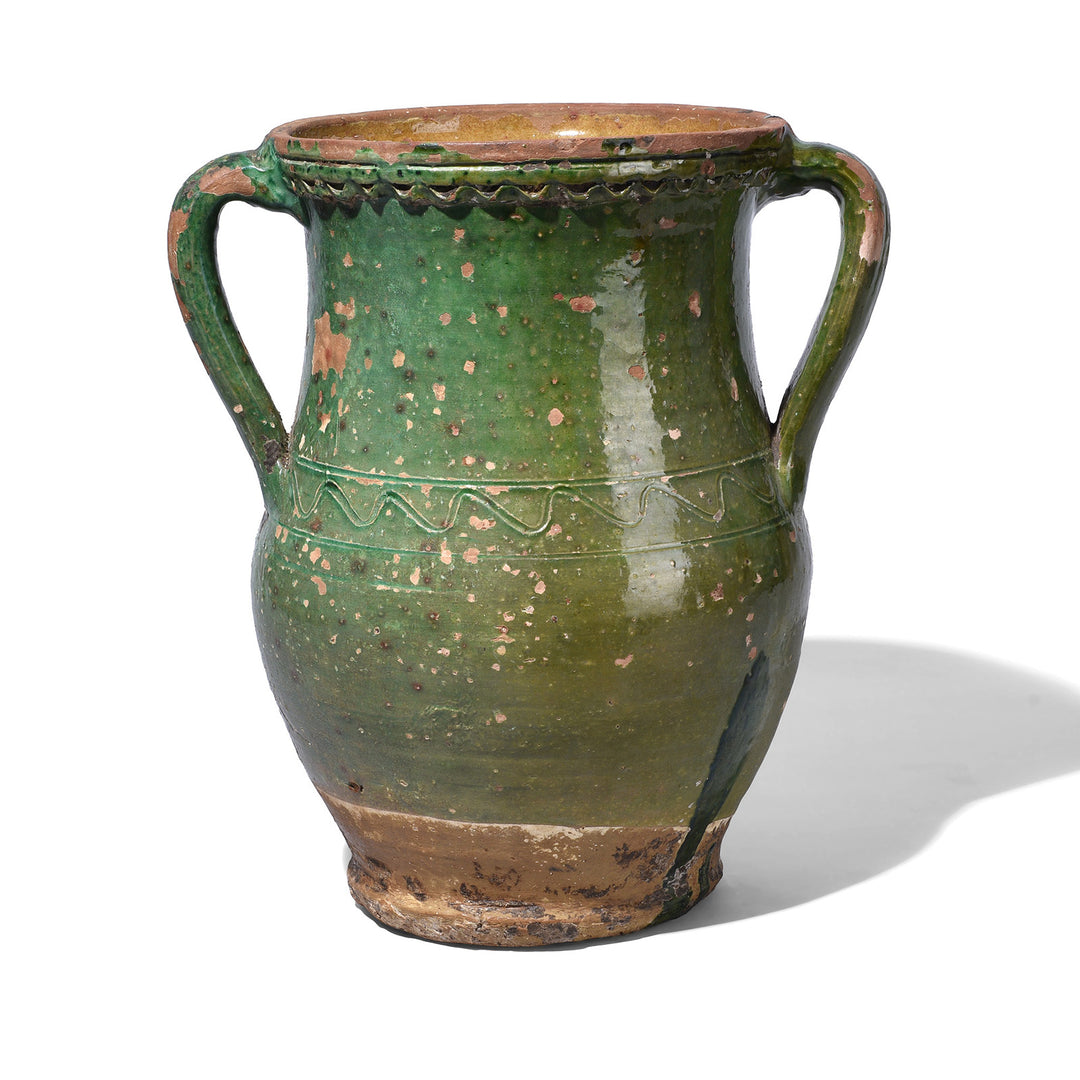 Distressed Green Sancai Glazed Terracotta Vase With Twin Handles From Yunnan Province China | Indigo Antiques