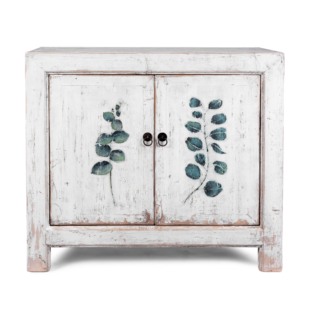 Distressed White Chinese Side Cabinet With Hand Painted Botanical Motifs On Double Doors