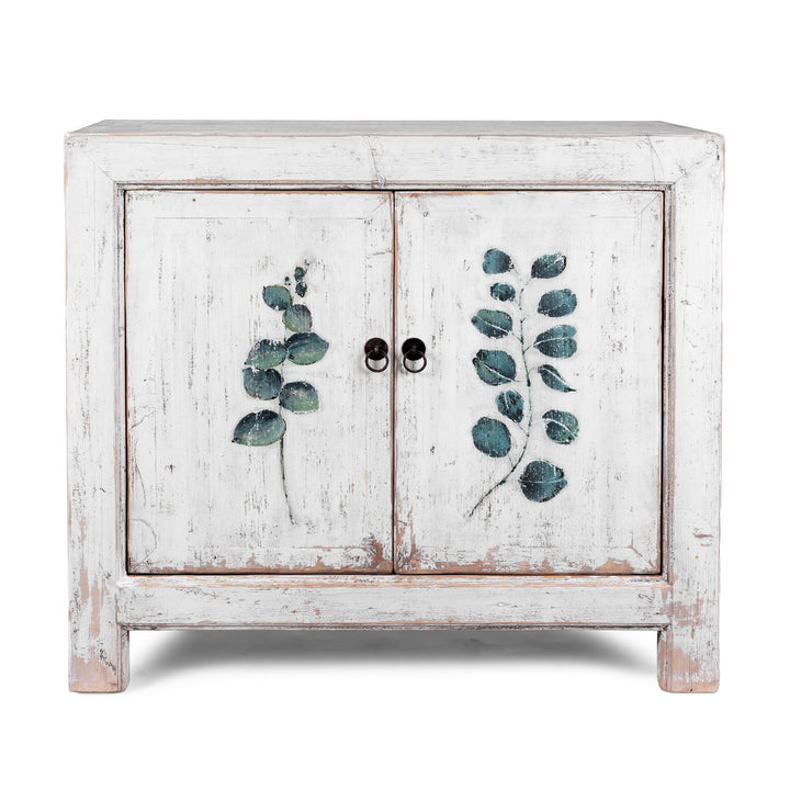 Distressed White Chinese Side Cabinet With Hand Painted Botanical Motifs On Double Doors