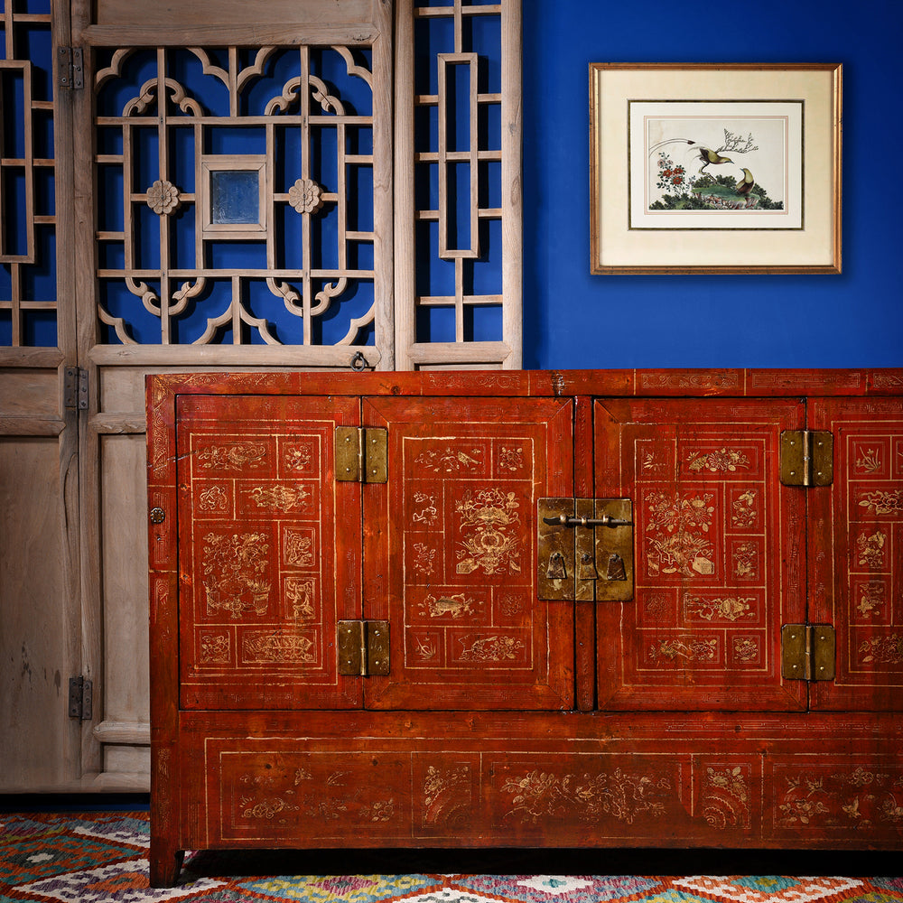 Chinese Antique Red Lacquer Sideboard & Screen With a classic Chinoiserie Pith painting | Indigo Antiques