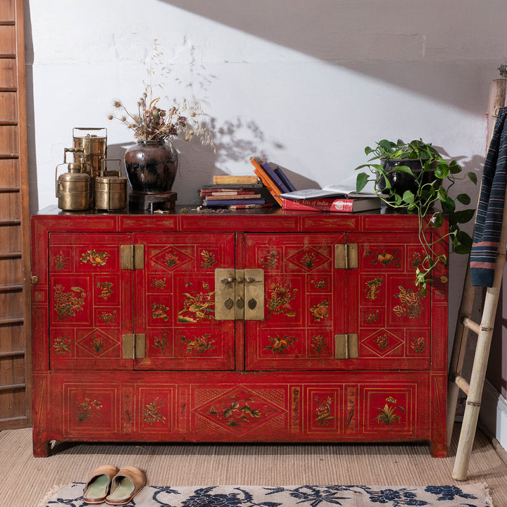 Red Lacquered Dongbei Sideboard With Painted Floral And Bird Decoration From 1920s China