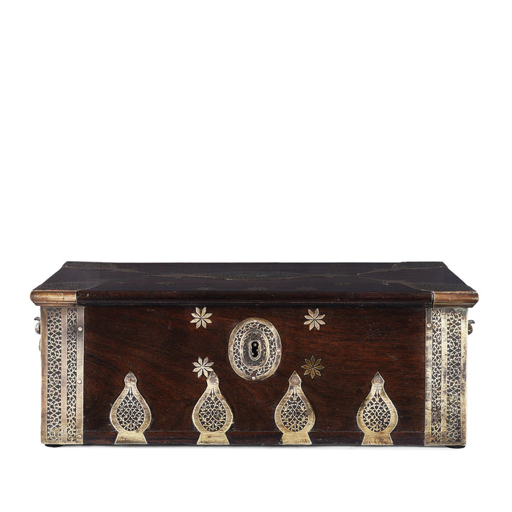 Early 19th Century Gujarati Rosewood Strongbox With Damascened Brass Inlay And Compartmented Interior | Indigo Antiques