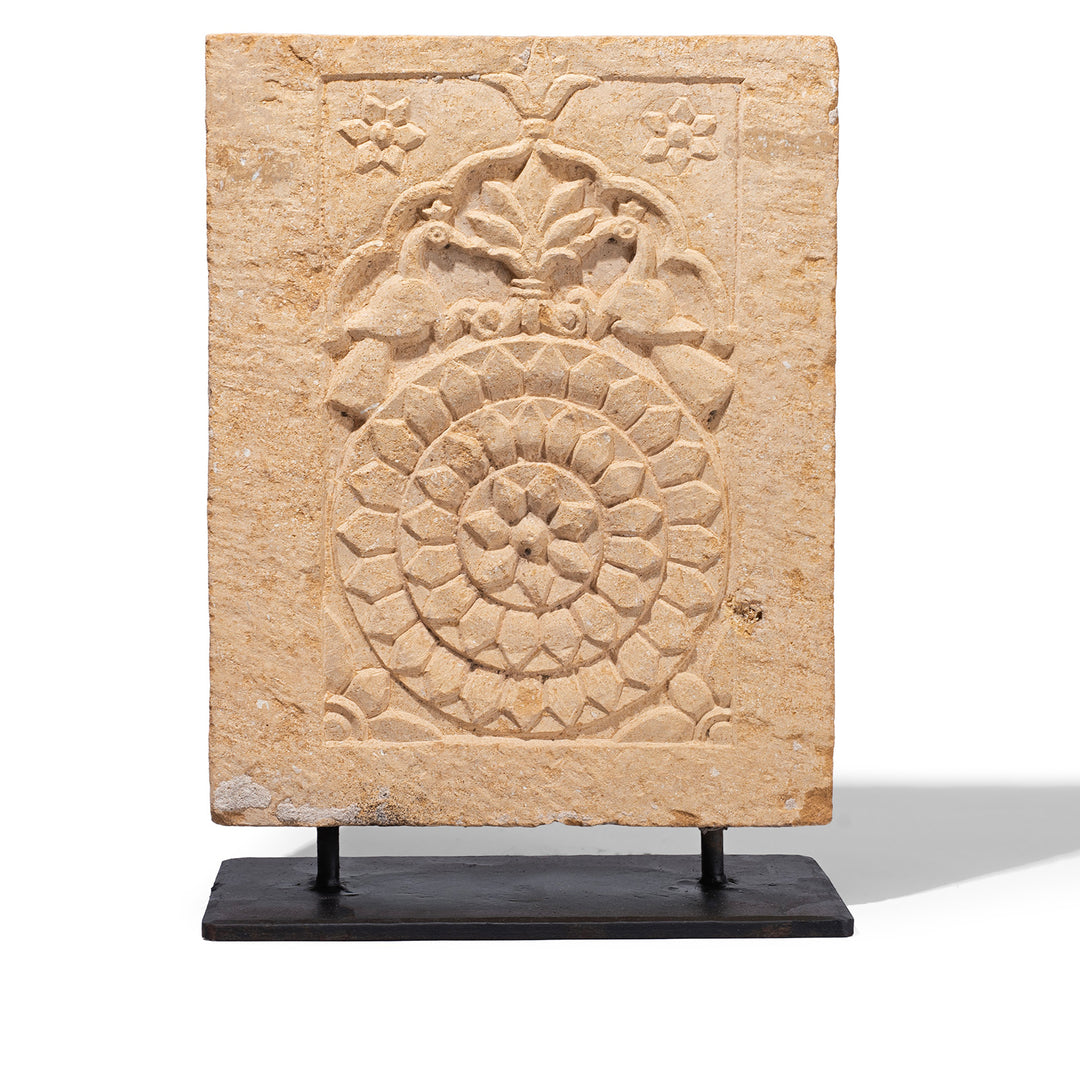 Early 19th Century Jaisalmer Golden Limestone Carved Panel With Peacocks And Lotus Flower On Iron Stand