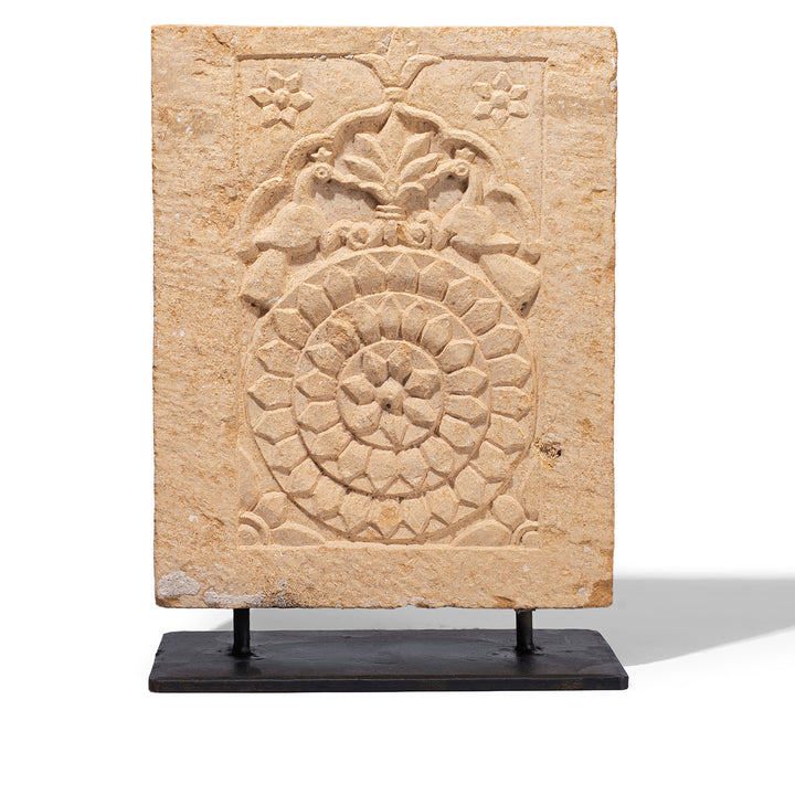 Early 19th Century Jaisalmer Golden Limestone Carved Panel With Peacocks And Lotus Flower On Iron Stand