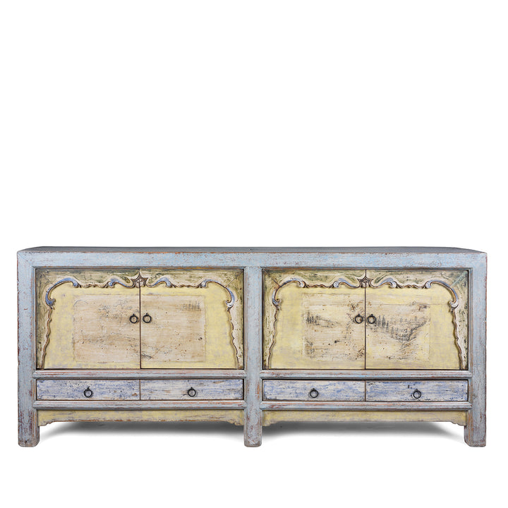 Early 20th Century Painted Sideboard From Qinghai Province China With Blue Frame And Soft Yellow Landscape Doors And Drawers