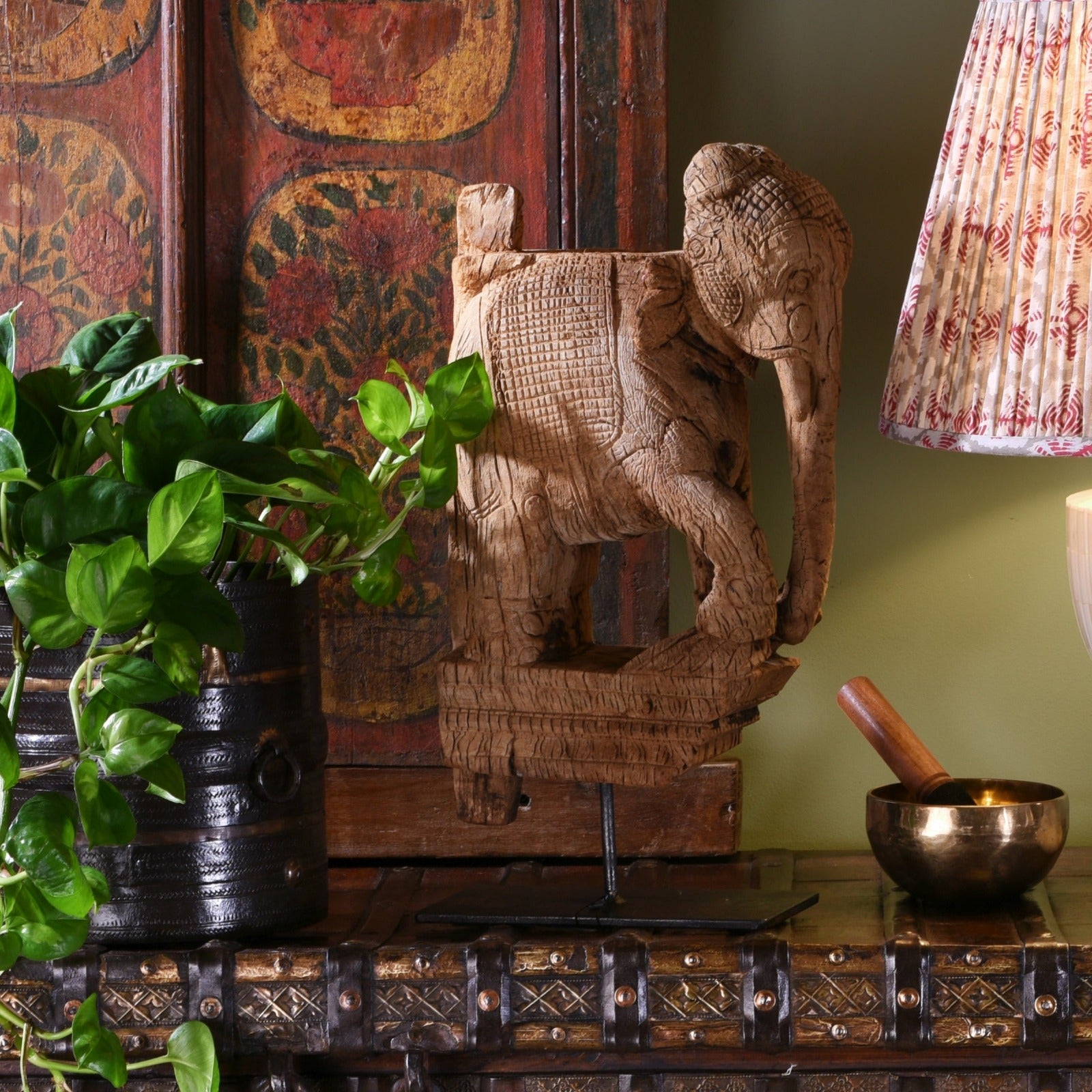 Antique Indian Elephant Corbel in an Indian inspired living room 