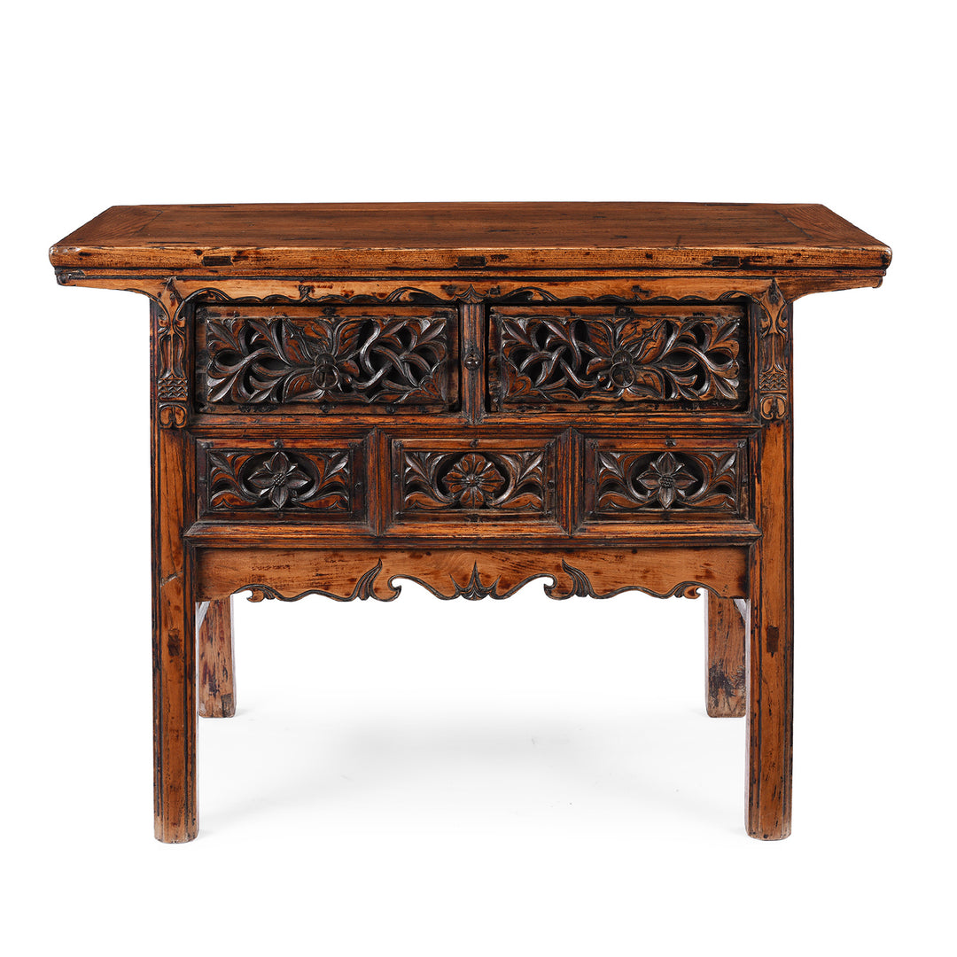 Antique Elm Wine Table with Carved Drawers From Shanxi | Indigo Antiques