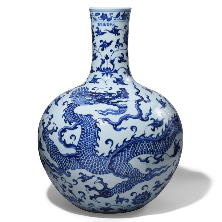 Extra Large Blue & White Dragon Bottle Vase | Indigo Antiques