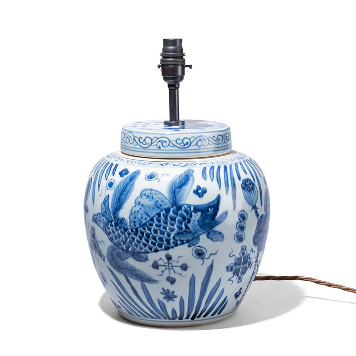 Fish & Pond Ginger Jar Lamp – Hand Painted Porcelain | Indigo Antiques