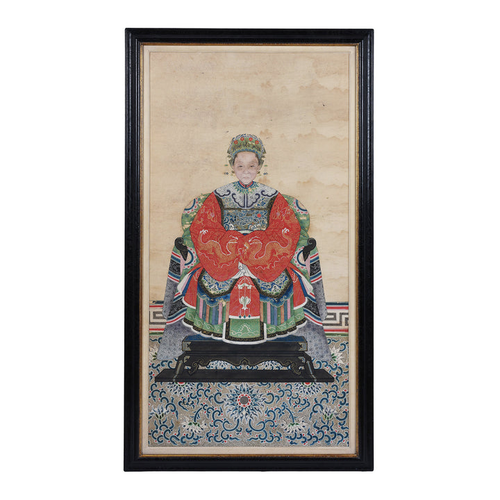 Framed Chinese Ink And Colour On Paper Painting Of A Manchurian Lady Seated In Elaborate Court Robes