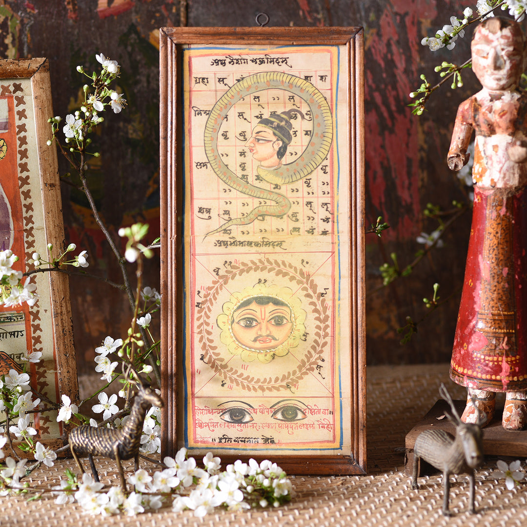 Framed Hand Painted Indian Horoscope With Serpent And Celestial Face From Rajasthan Circa 1920s