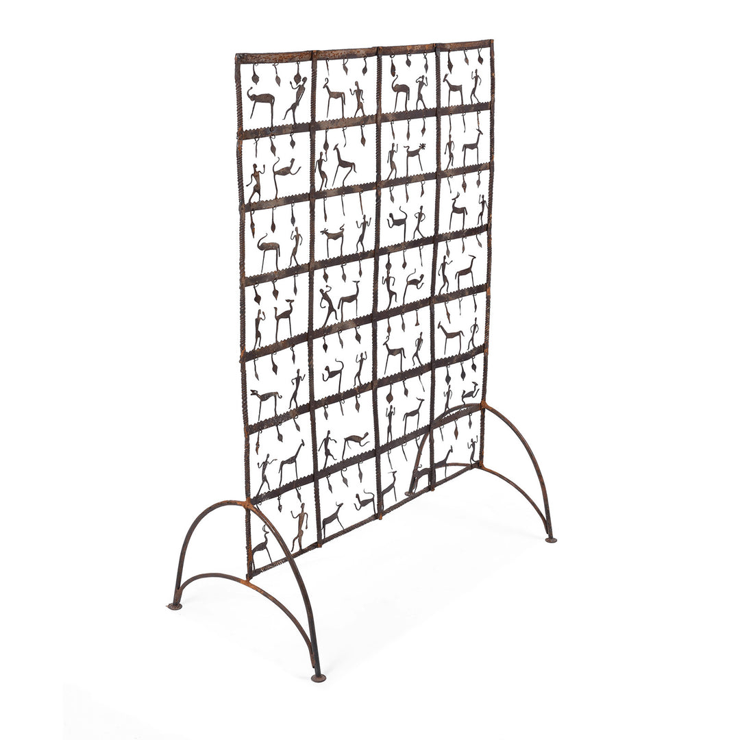 Freestanding Bastar Iron Toran With Stylised Figures And Animals On Forged Stand