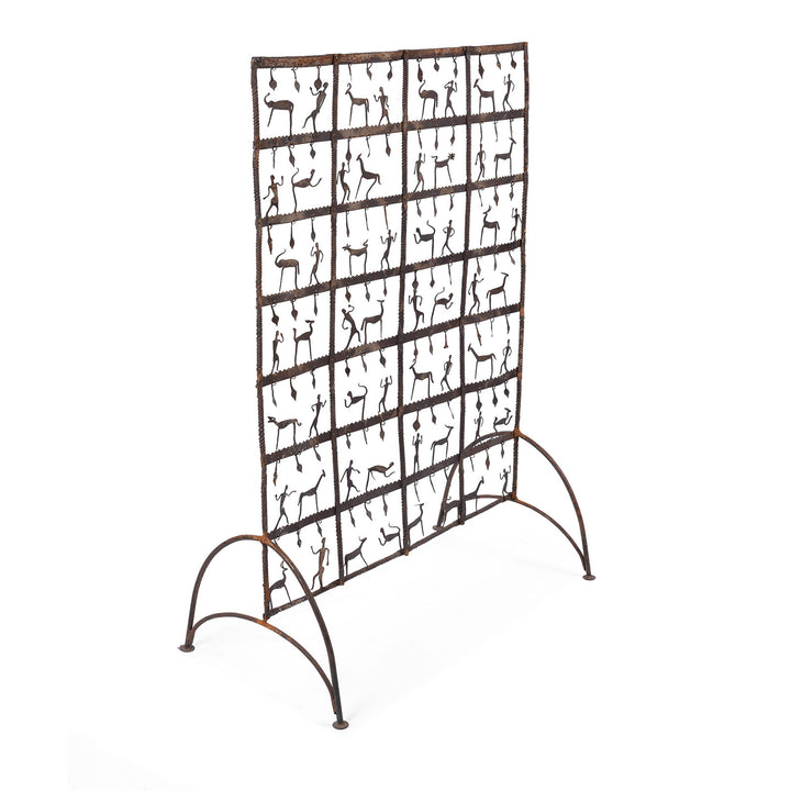 Freestanding Bastar Iron Toran With Stylised Figures And Animals On Forged Stand