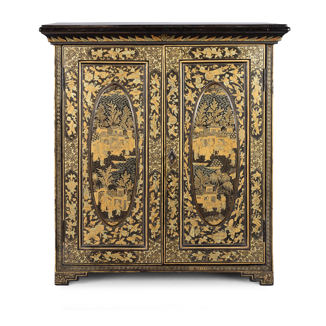 Gilt Black Lacquer Canton Export Jewellery Cabinet With Painted Chinoiserie Decoration