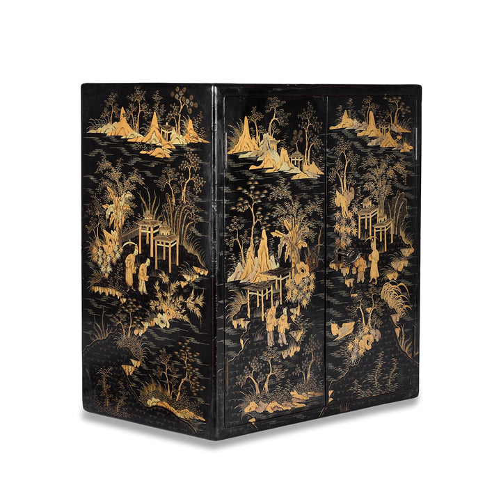 Gilt Black Lacquer Chinoiserie Table Cabinet With Ivory Handles And Painted Landscape Scenes