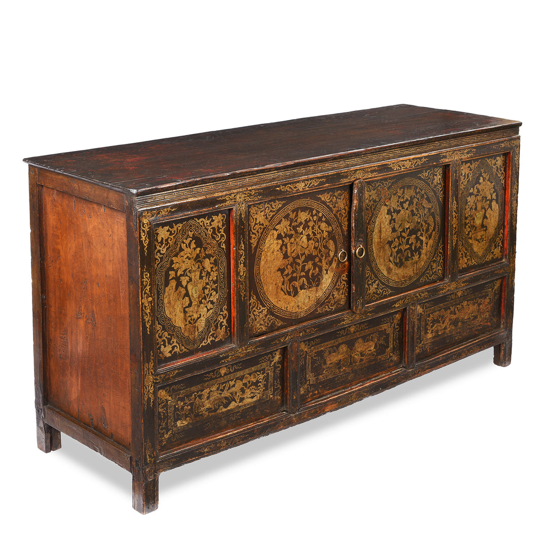Angled View Of Gilt & Black Painted Tibetan Altar Cabinet | Indigo Antiques