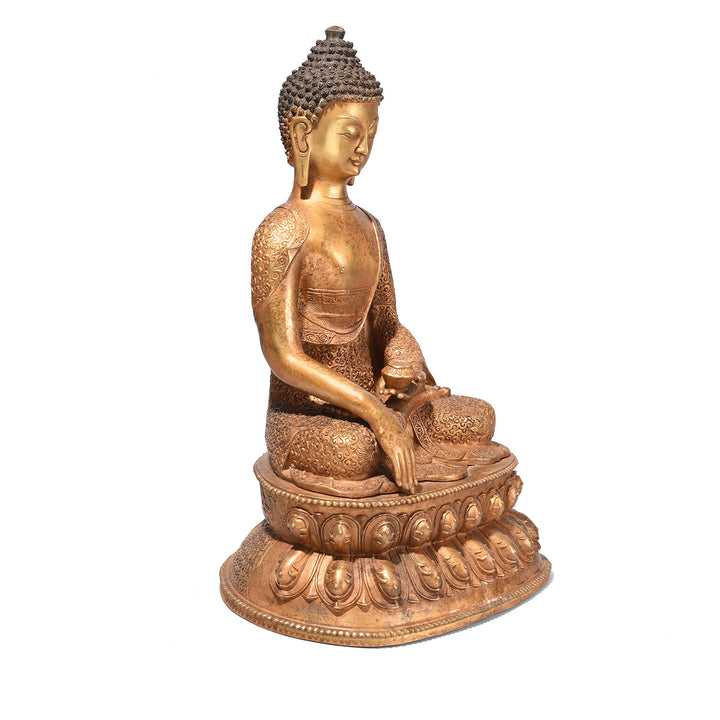 Angled View Of Gilt Brass Sitting Buddha - Bhumisparsha Mudra | Indigo Antiques