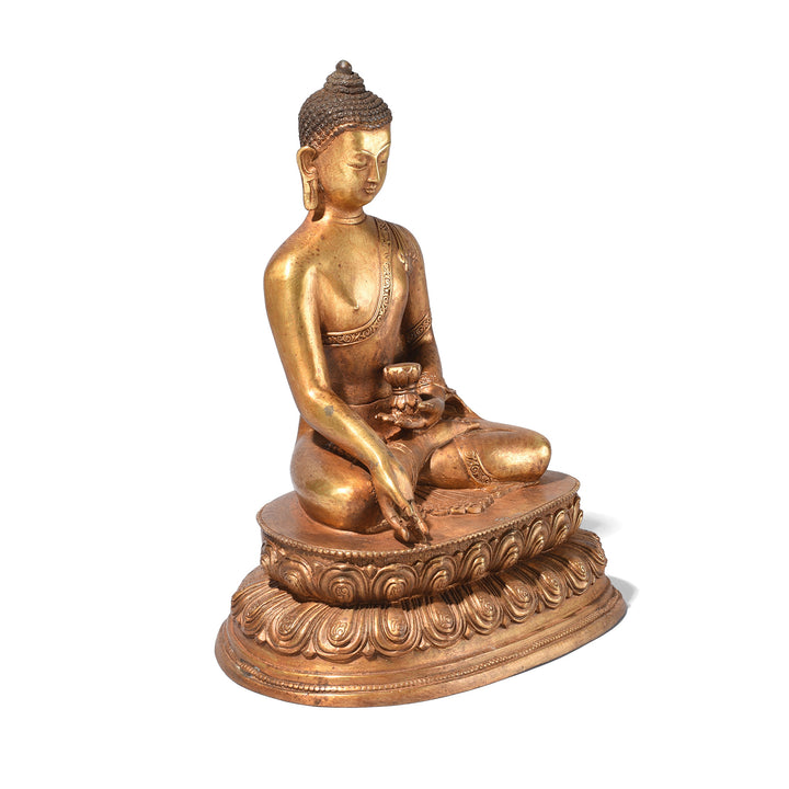Angled VIew Of Gilt Brass Sitting Buddha - Bhumisparsha Mudra | Indigo Antiques