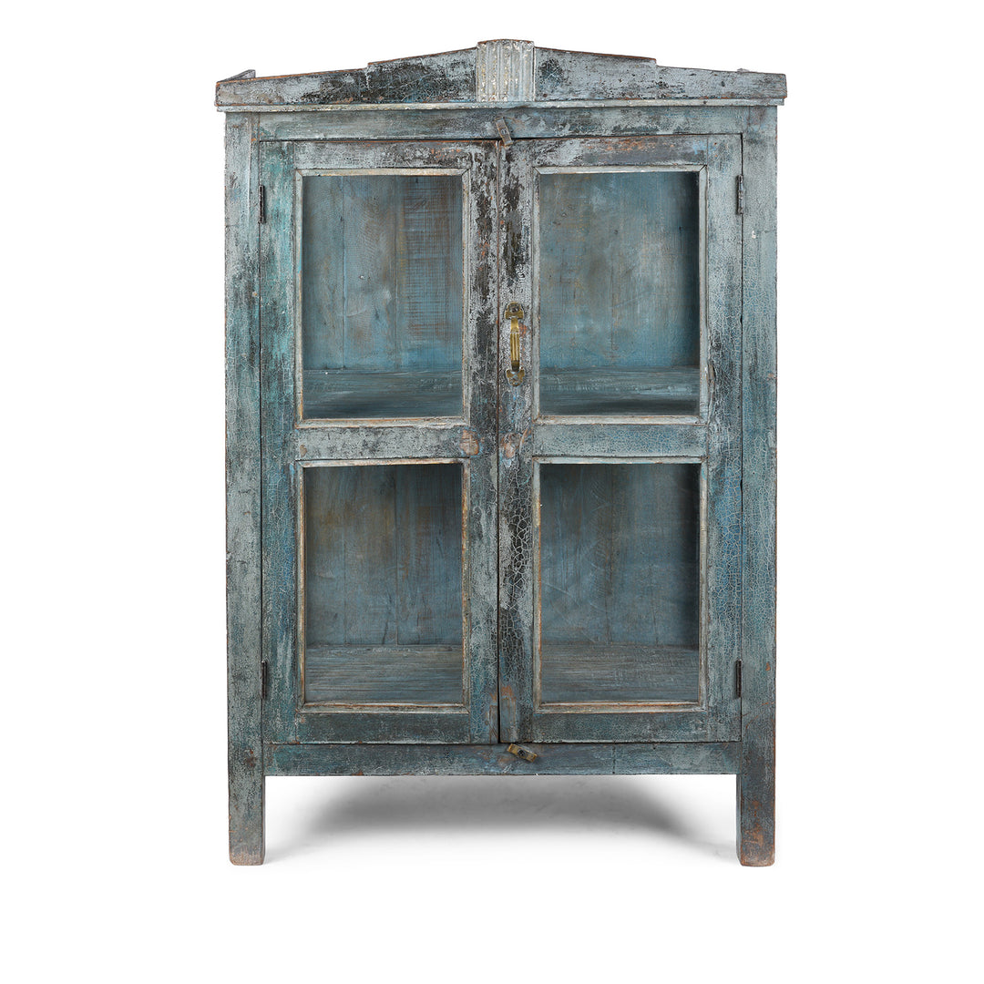 19th Century Blue Painted Teak Side Cabinet From Gujarat With Original Glazed Panels and Weathered Patina