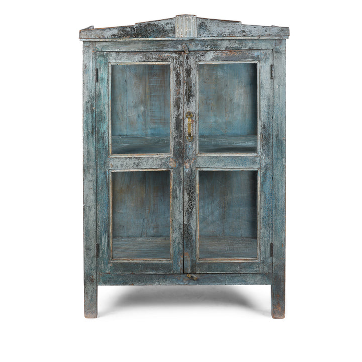 19th Century Blue Painted Teak Side Cabinet From Gujarat With Original Glazed Panels and Weathered Patina