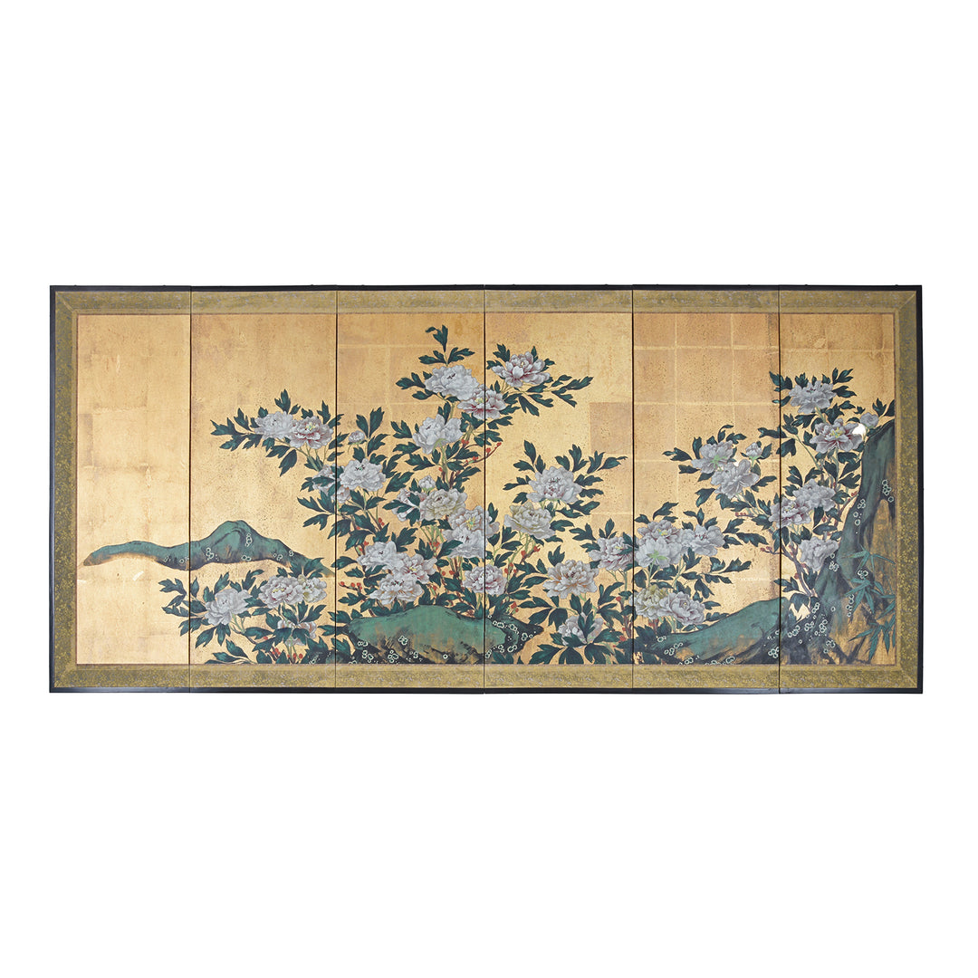 Gold Rinpa Style Six Fold Japanese Byōbu Screen With Peonies On Gold Leaf Ground And Detailed Brocade Border | Indigo Antiques