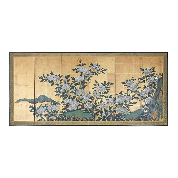 Gold Rinpa Style Six Fold Japanese Byōbu Screen With Peonies On Gold Leaf Ground And Detailed Brocade Border | Indigo Antiques