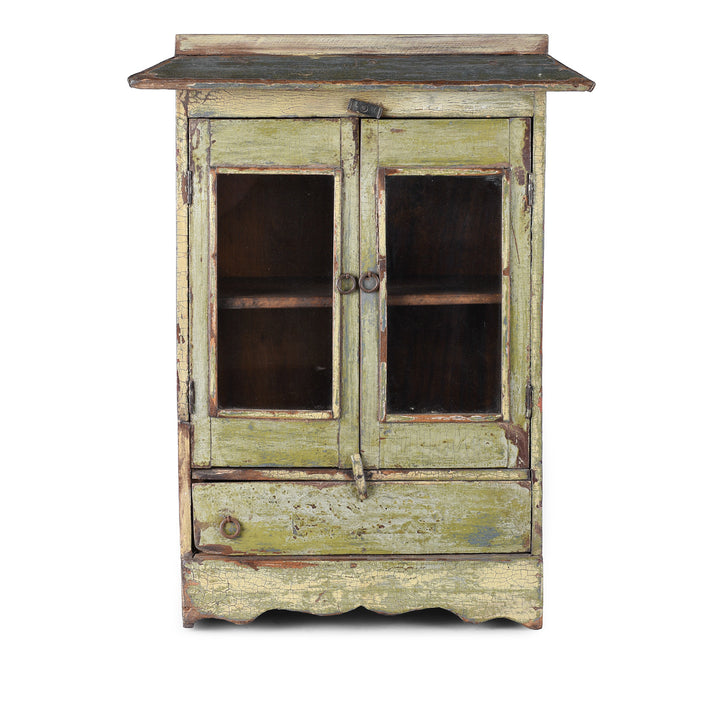 Green Painted 19th Century Indian Wall Cabinet With Glazed Doors And Drawer