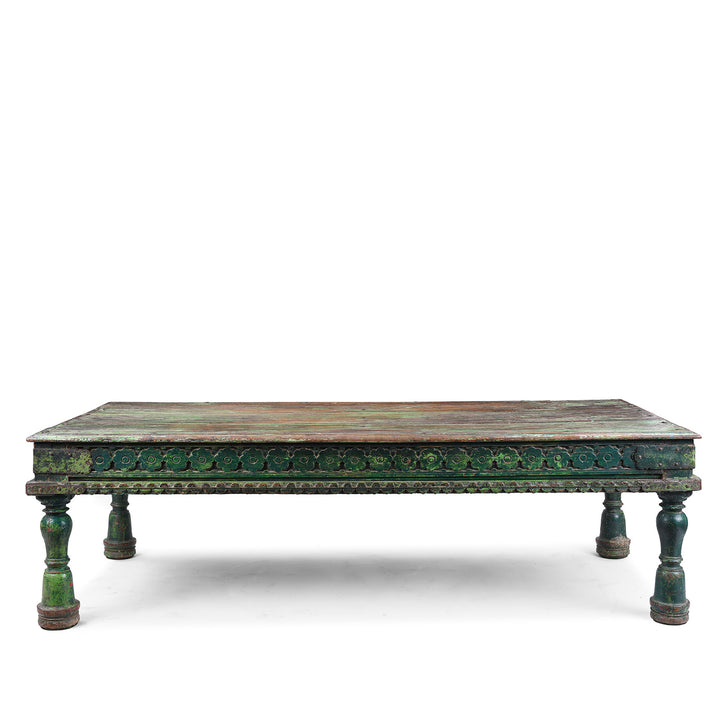 Green Painted Patan Takhat Coffee Table With Carved Sides