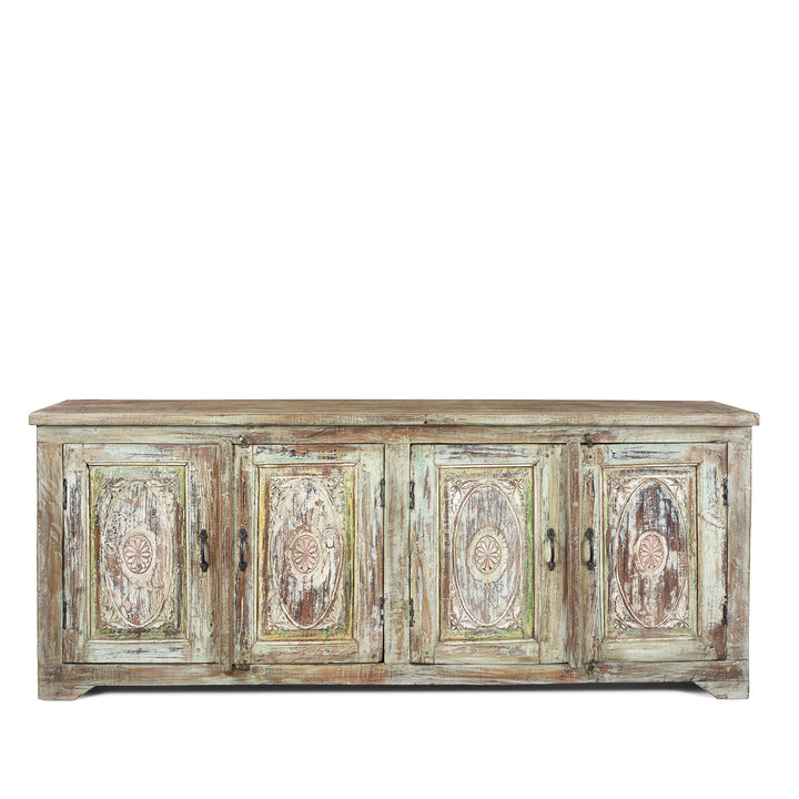 Green Painted Carved Indian Reclaimed Wood Sideboard