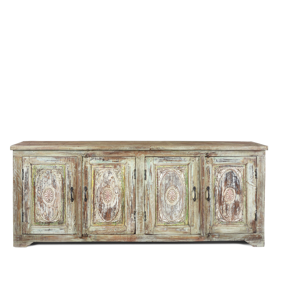 Green Painted Carved Indian Reclaimed Wood Sideboard