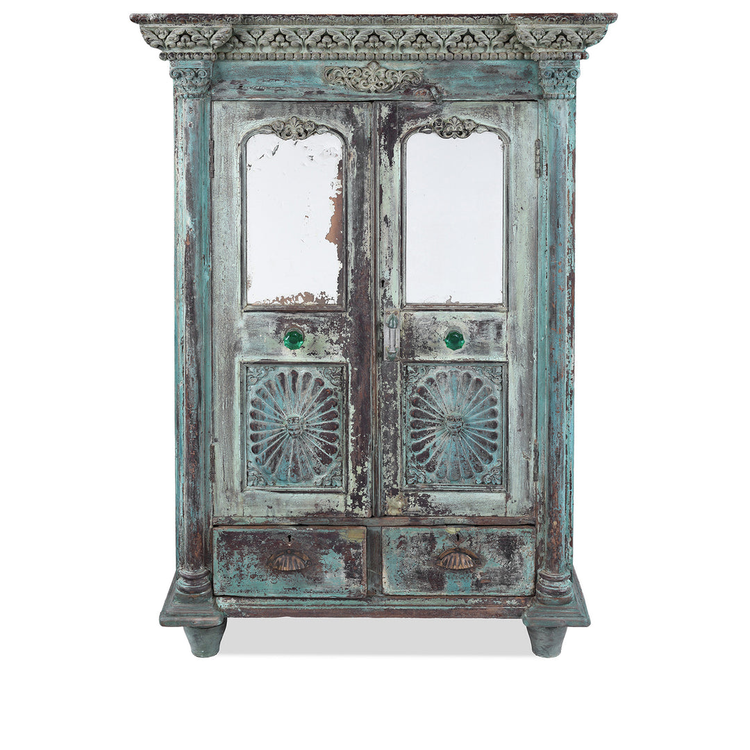 Green Painted Sunburst Almirah Cabinet With Carved Teak Panels And Distressed Lime Washed Finish
