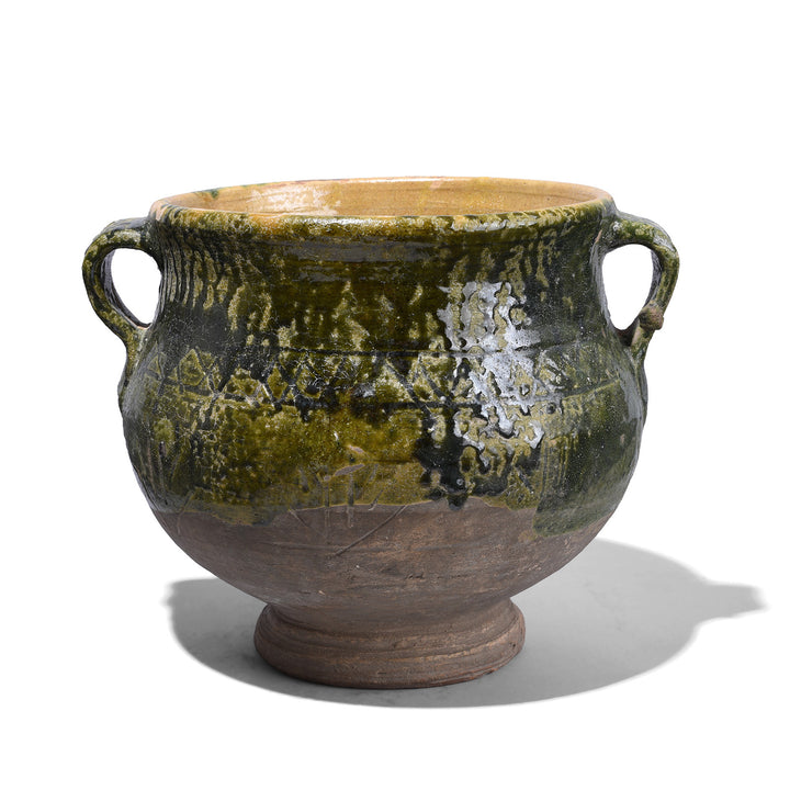 Green Rustic Sancai Glazed Terracotta Vessel From Yunnan Province With Twin Loop Handles And Naturally Aged Surface Patina | Indigo Antiques 