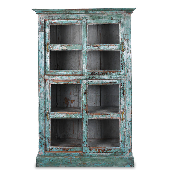 Green painted Indian teak glazed cabinet circa 1920 with four sliding glass panels, three fixed shelves and distressed original paint | Indigo Antiques