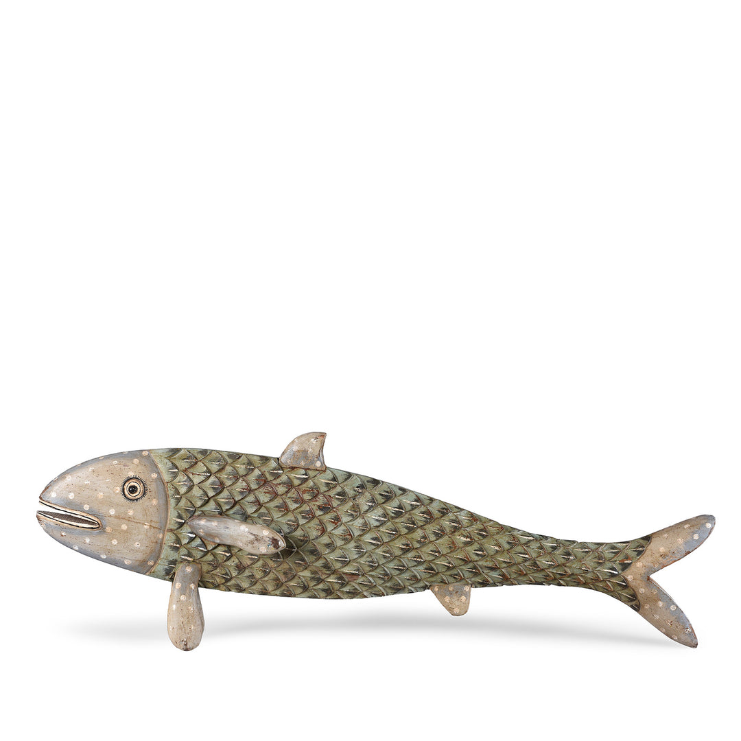 Grey Painted Carved Fish from Rajasthan