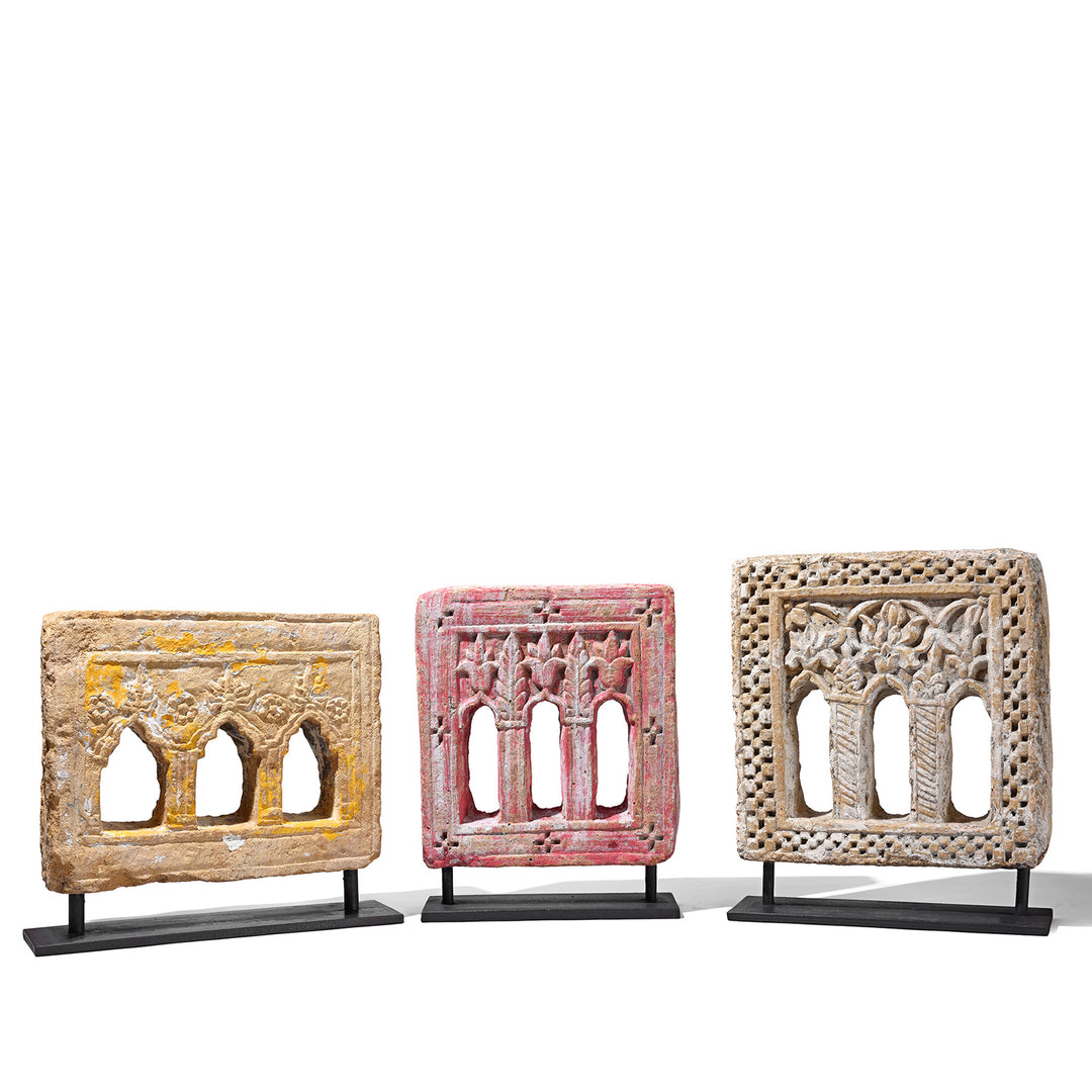 Group Of Antique Indian Painted 3 Way Stone Lamp Niches On Stands