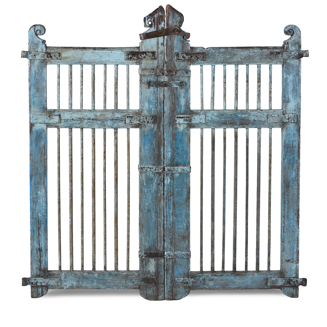 19th Century Gujarati Teak And Iron Dog Gate With Original Blue Paint And Decorative Spindles