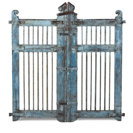 Blue Painted Teak Dog Gate From Gujarat - 19th Century