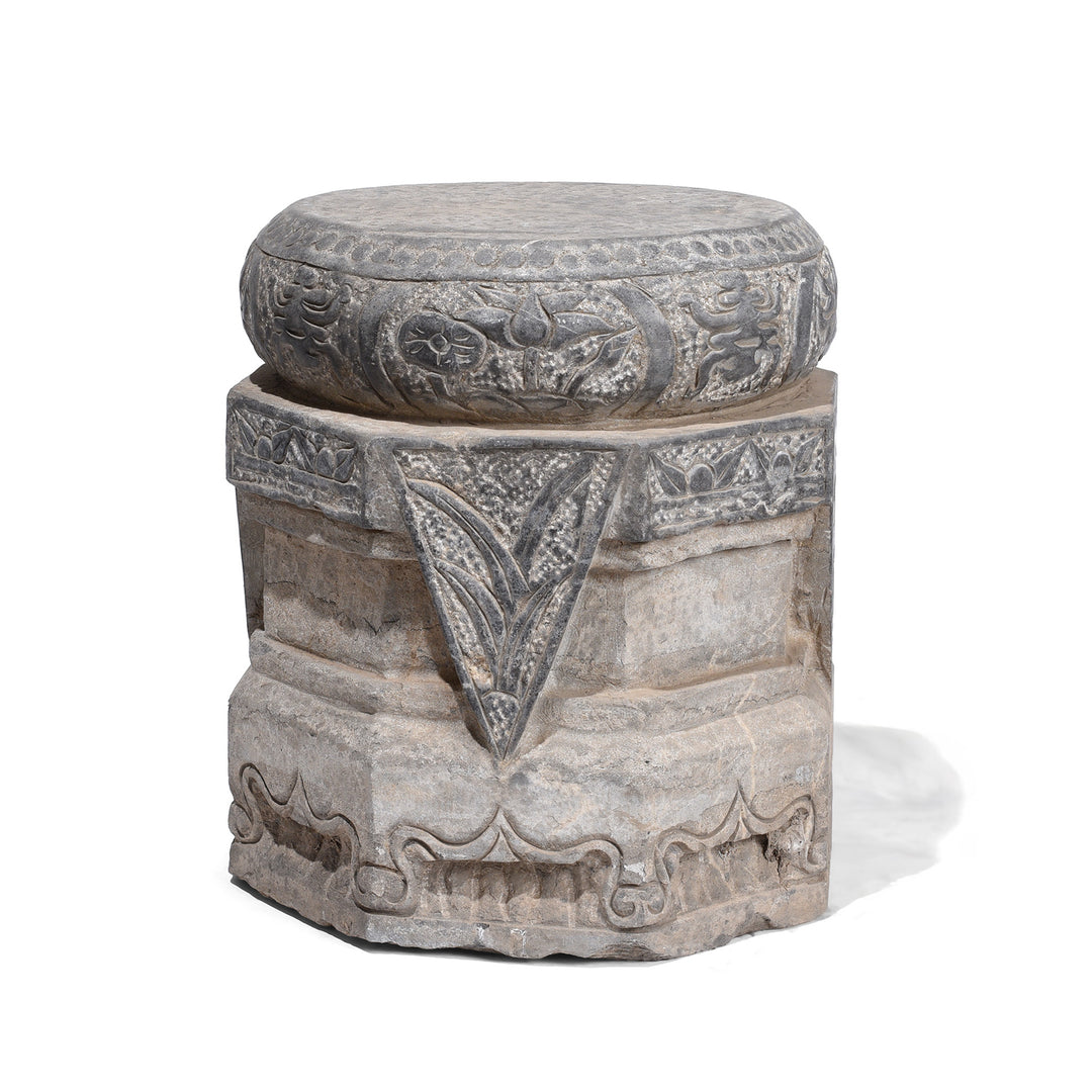 Hand-Carved Blackstone Chinese Pillar Base with Lotus and Scroll Motifs