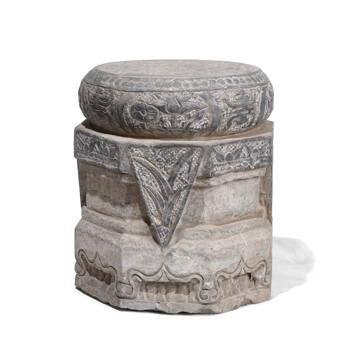 Hand-Carved Blackstone Chinese Pillar Base with Lotus and Scroll Motifs