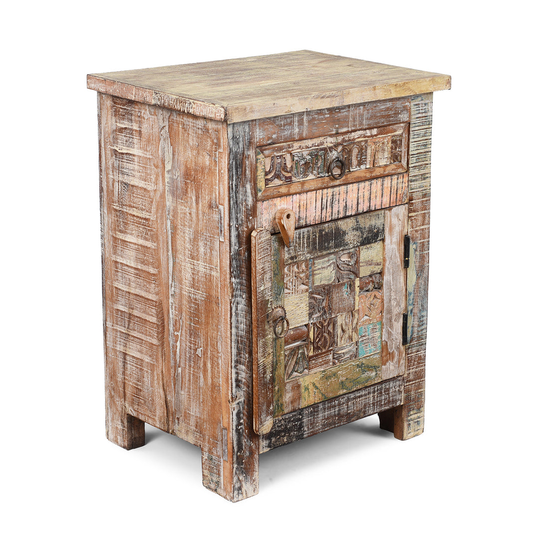 Hand-Carved Reclaimed Indian Bedside Cabinet With Patchwork Detail 