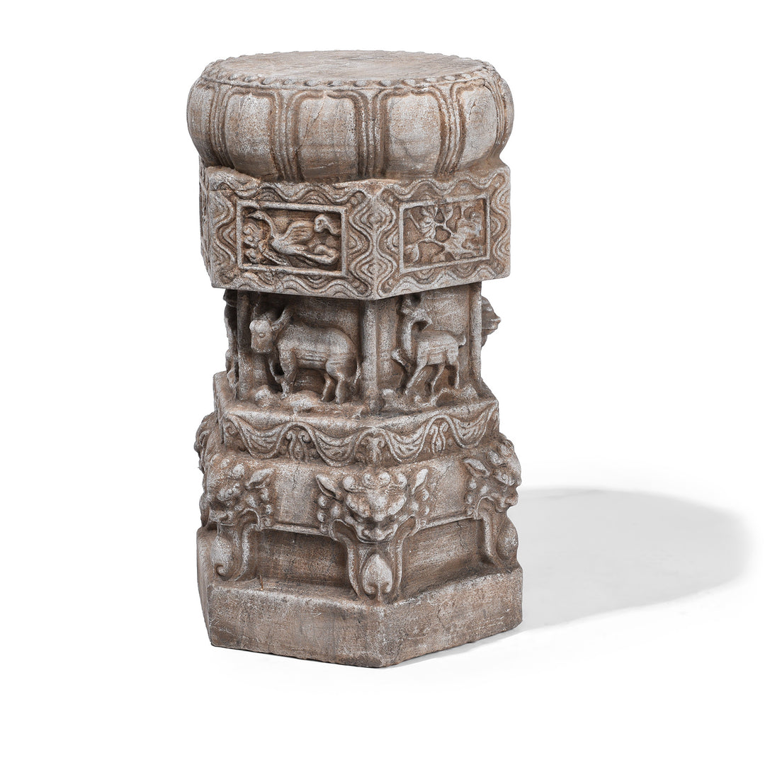 Hand-Carved Stone Chinese Plant Stand with Animal Reliefs