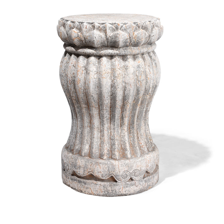 Hand Carved Chinese Stone Plant Stand With Fluted Body And Lotus Motif From Hebei