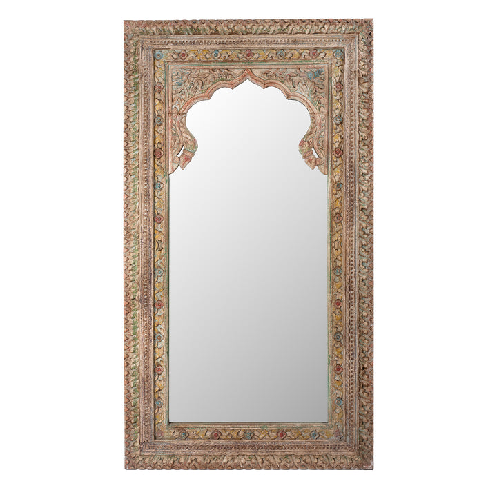 Hand Carved Indian Mango Wood Mihrab Mirror With Painted Floral Detailing