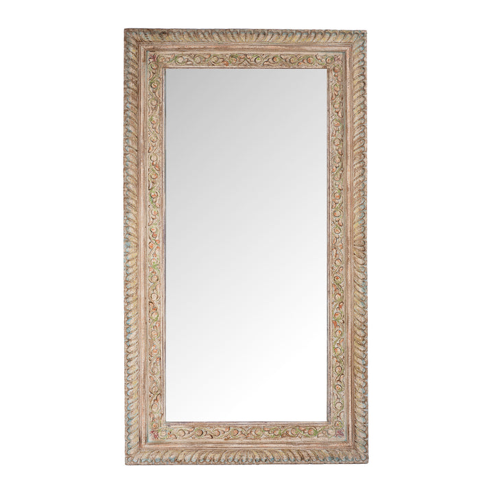 Hand Carved Indian Mango Wood Mirror With Floral Carving And Painted Detailing