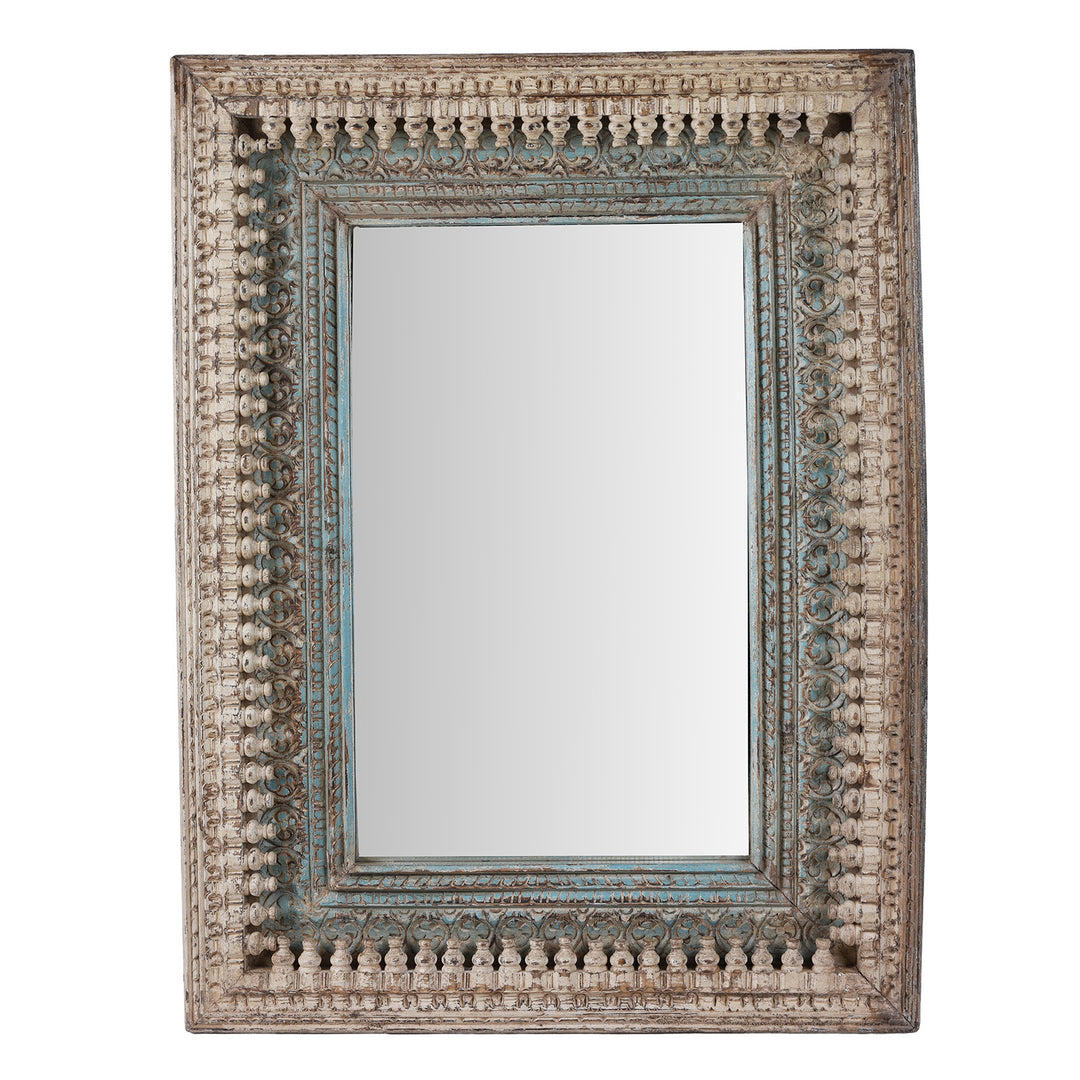 Hand Carved Mango Wood Mirror With Distressed Off White And Turquoise Finish