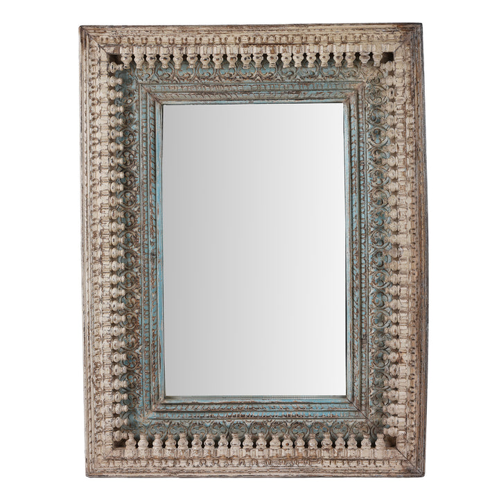 Hand Carved Mango Wood Mirror With Distressed Off White And Turquoise Finish